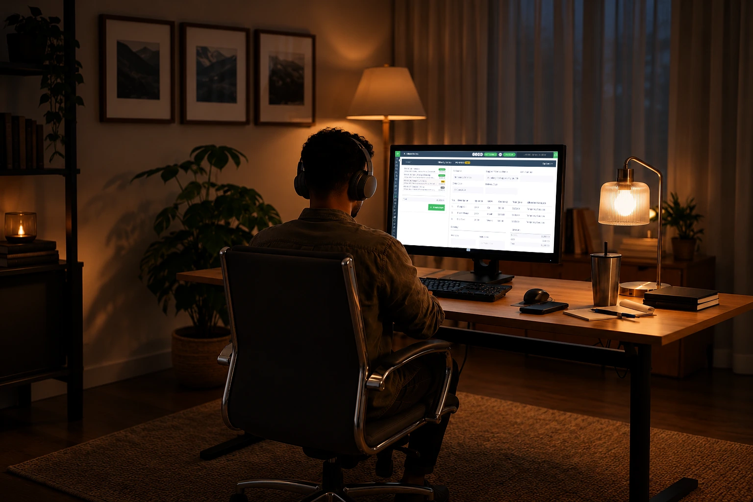 A construction professional working late at night on project management software.